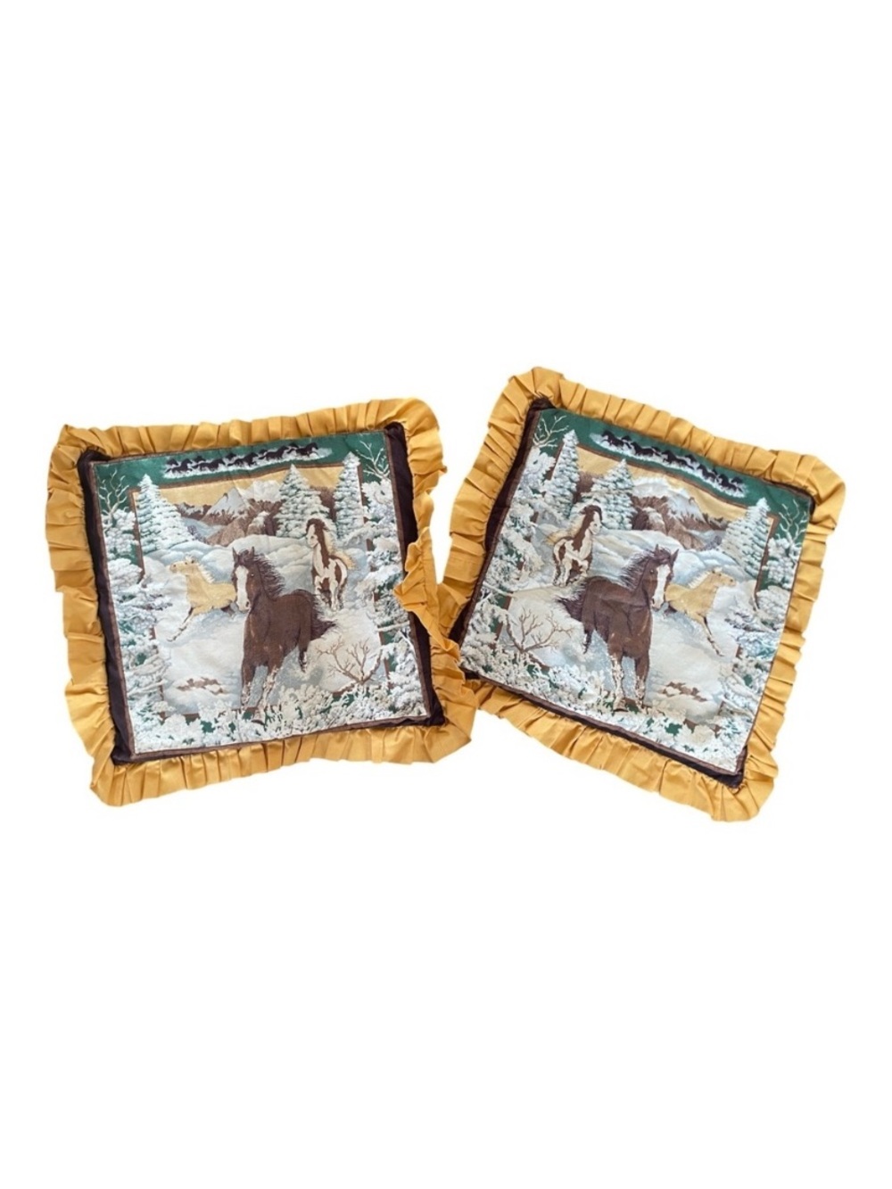 Vintage Equestrian Horse Pillow Covers Ruffle 80s/90s Winter Scene Set Of 2